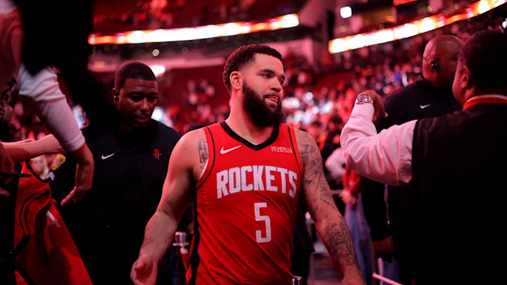 Jan 22, 2025; Houston, Texas, USA; Houston Rockets guard Fred VanVleet (5) leaves the court following the game against the Cleveland Cavaliers at Toyota Center. Mandatory Credit: Erik Williams-Imagn Images