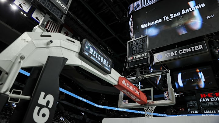Jun 24, 2023; San Antonio, TX, USA; General view of the basket and messages on video boards before a press conference at AT&T Center. Mandatory Credit: Troy Taormina-Imagn Images