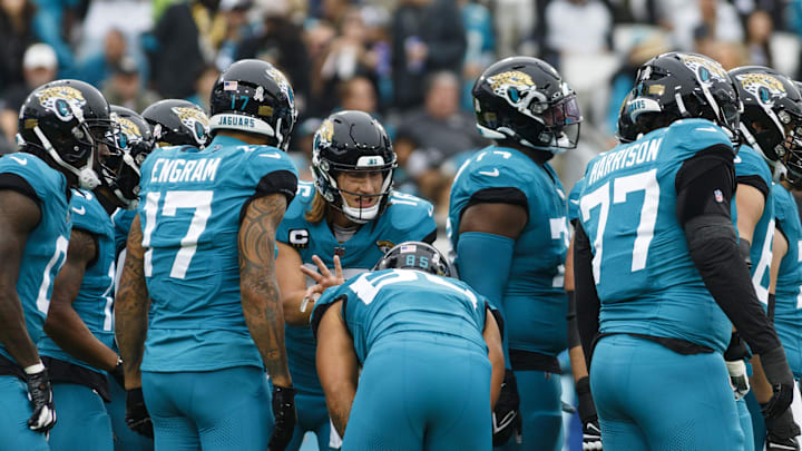 Nov 12, 2023; Jacksonville, Florida, USA; Jacksonville Jaguars offensive line huddle around quarterback Trevor Lawrence (16) before a play during the first quarter at EverBank Stadium. Mandatory Credit: Morgan Tencza-USA TODAY Sports