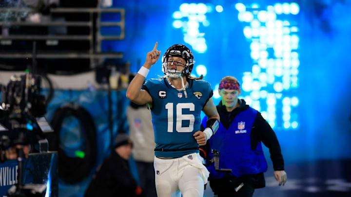 Jacksonville Jaguars quarterback Trevor Lawrence (16) is introduced before an NFL first round playoff football matchup Saturday, Jan. 14, 2023 at TIAA Bank Field in Jacksonville, Fla. The Jacksonville Jaguars edged the Los Angeles Chargers on a field goal 31-30. [Corey Perrine/Florida Times-Union]

Jki 011423 Chargers Jags Cp 78a