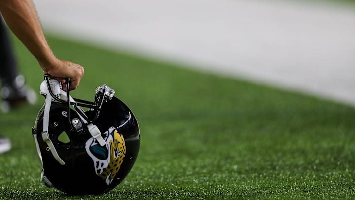 Sep 30, 2021; Cincinnati, Ohio, USA; The helmet of  Jacksonville Jaguars kicker Matthew Wright (15) during the second half against the Cincinnati Bengals at Paul Brown Stadium. Mandatory Credit: Katie Stratman-Imagn Images