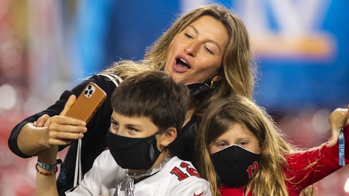 Feb 7, 2021: Gisele Bundchen takes a selfie with her children Benjamin and Vivian after the Tampa Bay Buccaneers beat the Kansas City Chiefs in Super Bowl LV