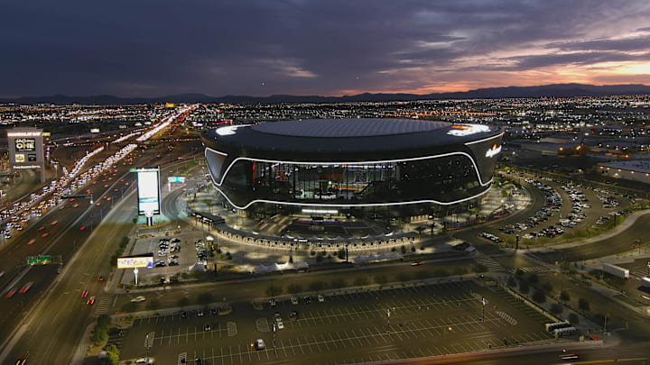 Feb 3, 2023; A general overall aerial view of Allegiant Stadium, the site of the 2023 Pro Bowl Games and Super Bowl 58 (LVIII). Feb 3, 2023; A general overall aerial view of Allegiant Stadium, the site of the 2023 Pro Bowl Games and Super Bowl 58 (LVIII).