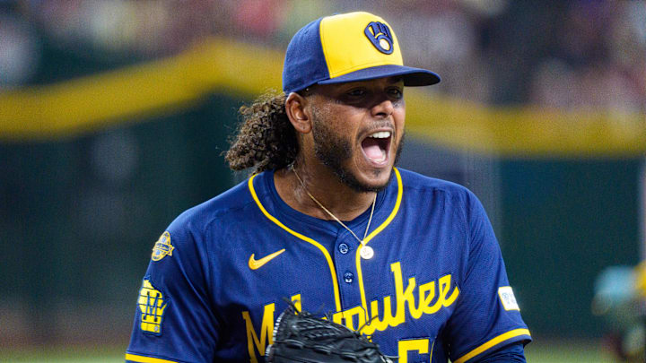 Apr 13, 2025; Phoenix, Arizona, USA;  Milwaukee Brewers pitcher Freddy Peralta (51) reacts after getting the last out of the fifth inning against the Arizona Diamondbacks at Chase Field. Mandatory Credit: Allan Henry-Imagn Images