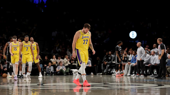 Mar 10, 2025; Brooklyn, New York, USA; Los Angeles Lakers guard Luka Doncic (77) reacts during the third quarter against the Brooklyn Nets at Barclays Center. Mandatory Credit: Brad Penner-Imagn Images