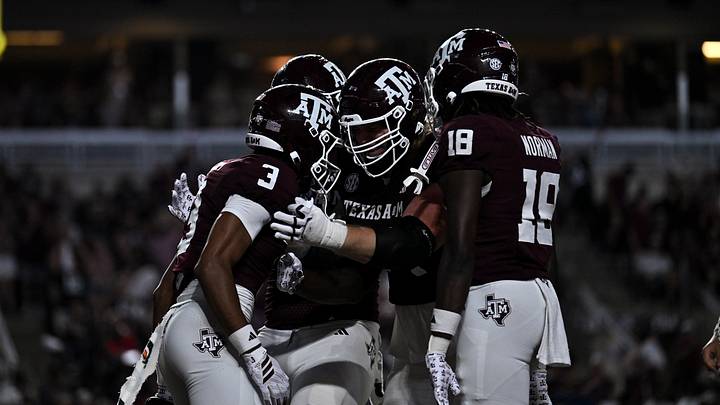 Sep 5, 2026; College Station, Texas, USA; Texas A&M Aggies wide receiver Aaron Gregory (3) celebrates with teammates after scoring a touchdown during the fourth quarter against the Missouri State Bears at Kyle Field. Mandatory Credit: Maria Lysaker-Imagn Images Sep 5, 2026; College Station, Texas, USA; Texas A&M Aggies wide receiver Aaron Gregory (3) celebrates with teammates after scoring a touchdown during the fourth quarter against the Missouri State Bears at Kyle Field. Mandatory Credit: Maria Lysaker-Imagn Images