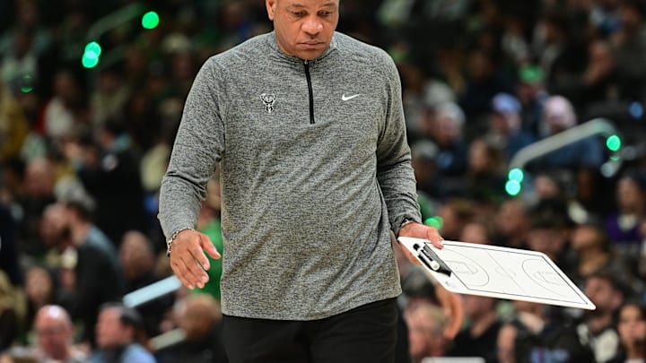 Apr 27, 2025; Milwaukee, Wisconsin, USA; Milwaukee Bucks head coach Doc Rivers call a timeout in the fourth quarter against the Indiana Pacers during game four of first round for the 2024 NBA Playoffs at Fiserv Forum. Mandatory Credit: Benny Sieu-Imagn Images