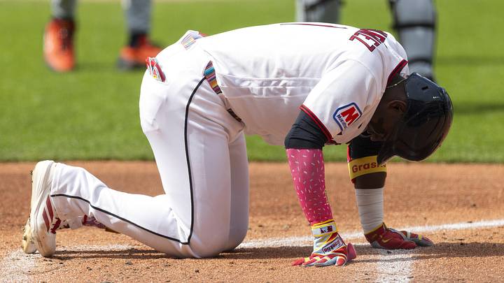 Jun 13, 2026; Cleveland, Ohio, USA; Cleveland Guardians left fielder Angel Martinez (1) kneels on the ground from an injury while at bat against the Detroit Tigers during the first inning at Progressive Field. Mandatory Credit: Scott Galvin-Imagn Images Jun 13, 2026; Cleveland, Ohio, USA; Cleveland Guardians left fielder Angel Martinez (1) kneels on the ground from an injury while at bat against the Detroit Tigers during the first inning at Progressive Field. Mandatory Credit: Scott Galvin-Imagn Images
