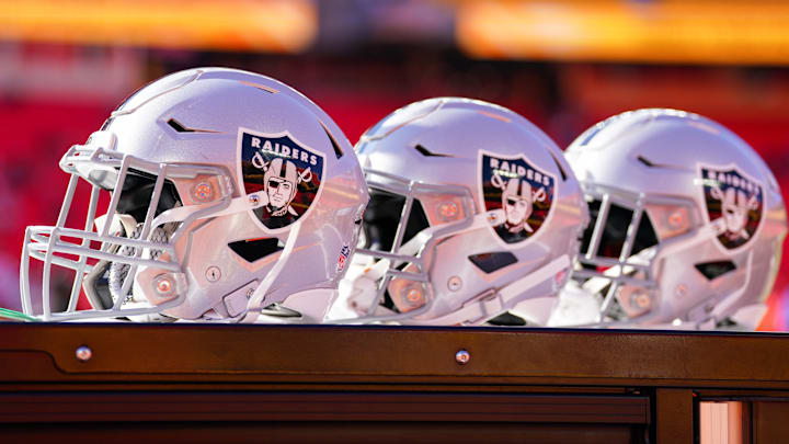 Nov 29, 2024; Kansas City, Missouri, USA; A general view of Las Vegas Raiders helmets against the Kansas City Chiefs prior to a game at GEHA Field at Arrowhead Stadium. Mandatory Credit: Denny Medley-Imagn Images