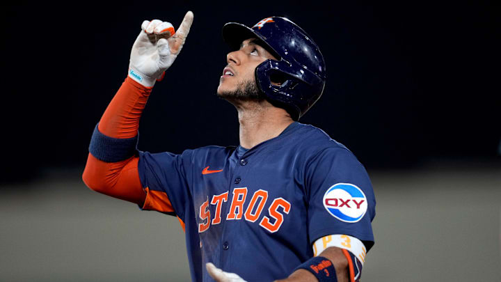 Jun 18, 2025; West Sacramento, California, USA; Houston Astros shortstop Jeremy Pena (3) reacts after hitting a single against the Athletics in the seventh inning at Sutter Health Park.