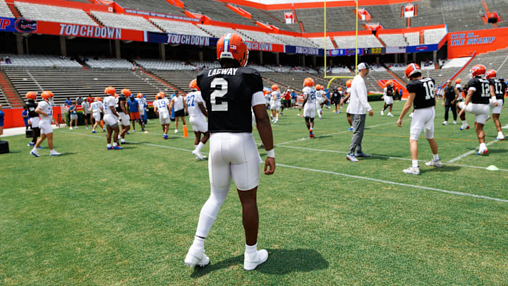 Florida Gators quarterback DJ Lagway (2) looks on during fall football practice at Ben Hill Griffin Stadium at the University of Florida in Gainesville, FL on Saturday, August 2, 2025. [Matt Pendleton/Gainesville Sun]