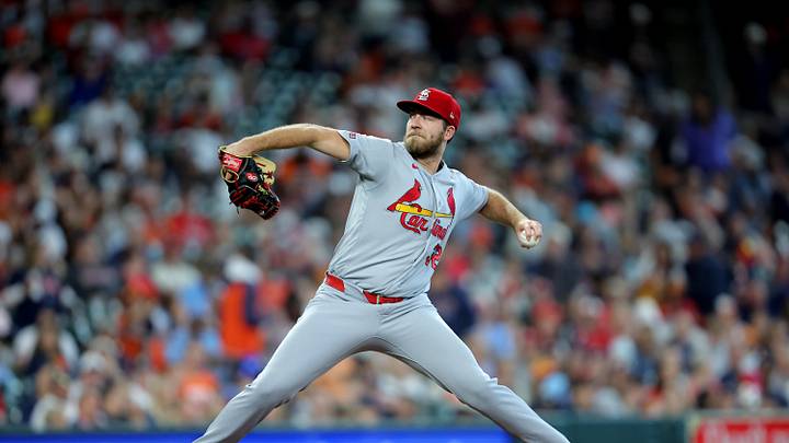 Apr 19, 2026; Houston, Texas, USA; St. Louis Cardinals pitcher Matthew Liberatore (32) delivers a pitch against the Houston Astros during the first inning at Daikin Park. Mandatory Credit: Erik Williams-Imagn Images