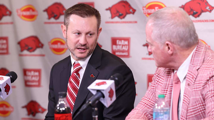Arkansas Razorbacks coach Ryan Silverfield during his introductory press conference with athletics director Hunter Yurachek at Frank Broyles Center in Fayetteville, Ark.