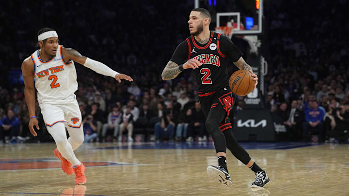 Feb 20, 2025; New York, New York, USA; Chicago Bulls point guard Lonzo Ball (2) dribbles the ball