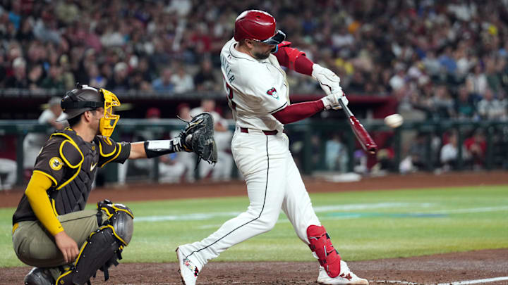 Sep 27, 2024; Phoenix, Arizona, USA; Arizona Diamondbacks first base Christian Walker (53) bats against the San Diego Padres during the sixth inning at Chase Field. 