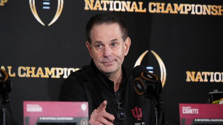 Jan 20, 2026; Miami, FL, USA; Indiana Hoosiers head coach Curt Cignetti during the CFP Champions press conference at Marriott Marquis Miami. Mandatory Credit: Kirby Lee-Imagn Images
