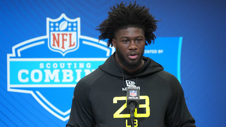 Feb 26, 2025; Indianapolis, IN, USA; Georgia linebacker Jalon Walker (LB28) during the 2025 NFL Scouting Combine at the Indiana Convention Center. Mandatory Credit: Kirby Lee-Imagn Images