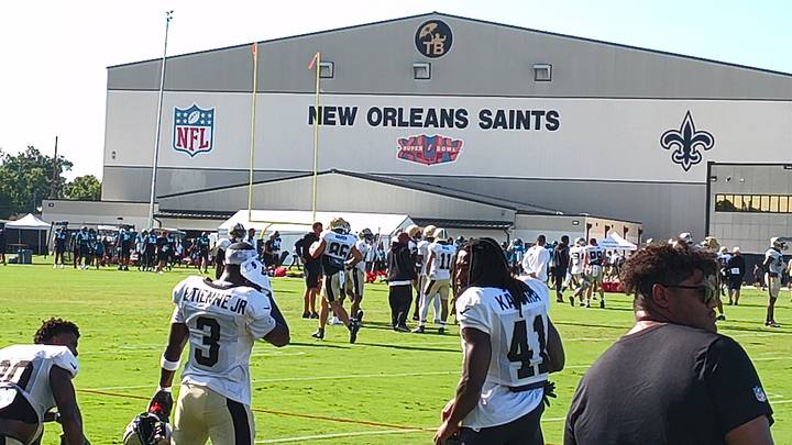 Travis Etienne and Alvin Kamara on sidelines during the New Orleans Saints' joint practice with the Jacksonville Jaguars. Travis Etienne and Alvin Kamara on sidelines during the New Orleans Saints' joint practice with the Jacksonville Jaguars.