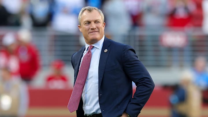 Dec 30, 2024; Santa Clara, California, USA; San Francisco 49ers general manager John Lynch before the game against the Detroit Lions at Levi's Stadium. Mandatory Credit: Sergio Estrada-Imagn Images