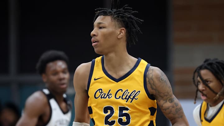 Jan 4, 2025; Gilbert, AZ, USA; Oak Cliff Faith Family Academy (TX) forward Davion Adkins (25) against Utah Prep Academy during the Hoophall West High School Invitational at Highland High School. Mandatory Credit: Mark J. Rebilas-Imagn Images