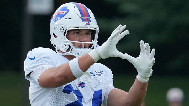 Bills safety Cole Bishop eyes in a pass during the final day of Buffalo Bills training camp at St. John Fisher University. Bills safety Cole Bishop eyes in a pass during the final day of Buffalo Bills training camp at St. John Fisher University.