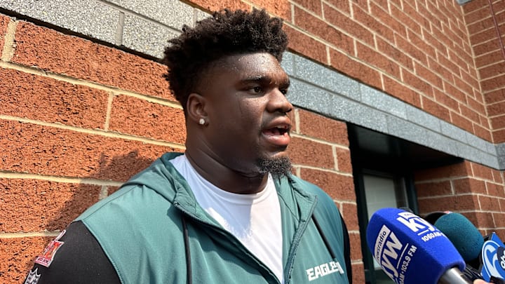 Jordan Davis meets with reporters following an Eagles OTA practice on June 3, 2025.