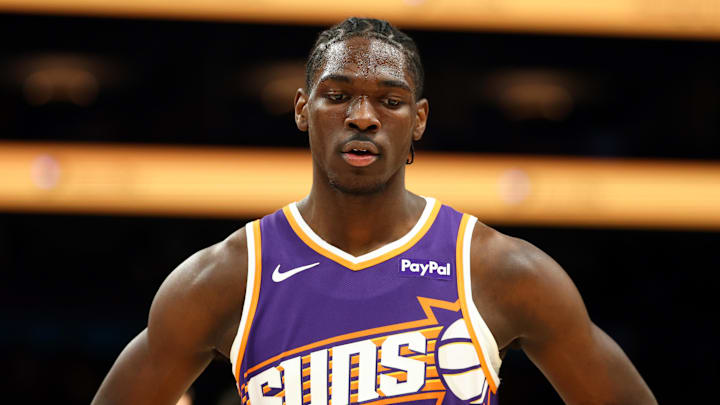 Jan 27, 2026; Phoenix, Arizona, USA; Phoenix Suns forward Rasheer Fleming (20) against the Brooklyn Nets at Mortgage Matchup Center. Mandatory Credit: Mark J. Rebilas-Imagn Images