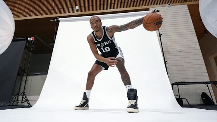 Sep 30, 2024; San Antonio, TX, USA; San Antonio Spurs forward Jeremy Sochan (10) poses for photos during Media day at Victory Capital Performance Center in San Antonio.
