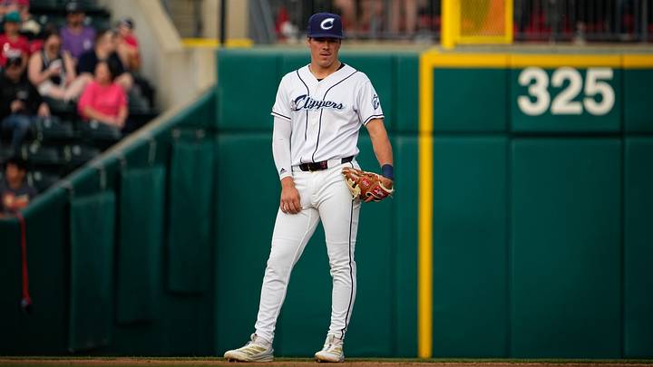 Columbus Clippers Milan Tolentino (8) stands on the field during the home opener against the Indianapolis Indians at Huntington Park on Tuesday, March 31, 2026 in Columbus, Ohio. Columbus Clippers Milan Tolentino (8) stands on the field during the home opener against the Indianapolis Indians at Huntington Park on Tuesday, March 31, 2026 in Columbus, Ohio.