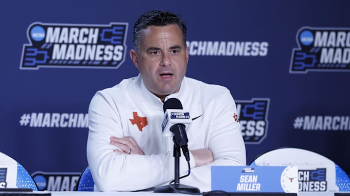 Mar 16, 2026; Dayton, OH, USA; Texas Longhorns head coach Sean Miller speaks with the media during a practice session ahead of the first four of the men's 2026 NCAA Tournament at University of Dayton Arena. Mandatory Credit: Rick Osentoski-Imagn Images