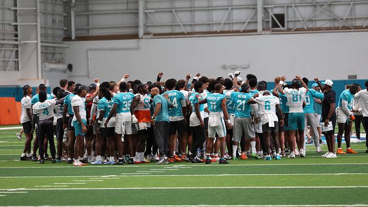Miami Dolphins players team huddle at mini camp at Baptist Health Training Complex during the 2026 minicamp