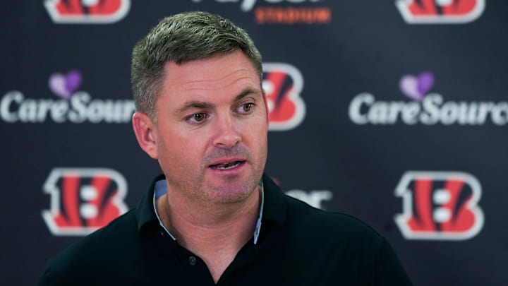 Cincinnati Bengals head coach Zac Taylor speaks at a press conference for the 2025 NFL Draft, Saturday, April 26, 2025, at Paycor Stadium in Downtown Cincinnati.