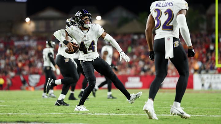 Oct 21, 2024; Tampa, Florida, USA; Baltimore Ravens cornerback Marlon Humphrey (44) reacts after a interception against the Tampa Bay Buccaneers in the second quarter at Raymond James Stadium. Mandatory Credit: Nathan Ray Seebeck-Imagn Images