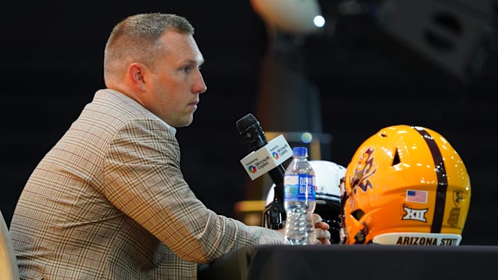 Jul 8, 2025; Frisco, TX, USA; Arizona State head coach Kenny Dillingham addresses the media during 2025 Big 12 Football Media Days at The Star. Mandatory Credit: Raymond Carlin III-Imagn Images