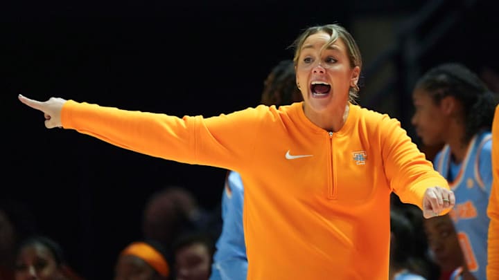 Tennessee Lady Vols head coach Kim Caldwell yells during a college basketball game at Thompson-Boling Arena at Food City Center in Knoxville, Tenn., on Wednesday, Dec. 4, 2024. Tennessee Lady Vols head coach Kim Caldwell yells during a college basketball game at Thompson-Boling Arena at Food City Center in Knoxville, Tenn., on Wednesday, Dec. 4, 2024.