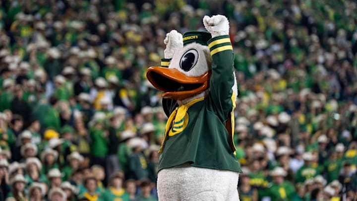 The Duck cheers after a touchdown as the Oregon Ducks host the Minnesota Golden Gophers on Nov. 14, 2025, at Autzen Stadium in Eugene, Oregon. The Duck cheers after a touchdown as the Oregon Ducks host the Minnesota Golden Gophers on Nov. 14, 2025, at Autzen Stadium in Eugene, Oregon.