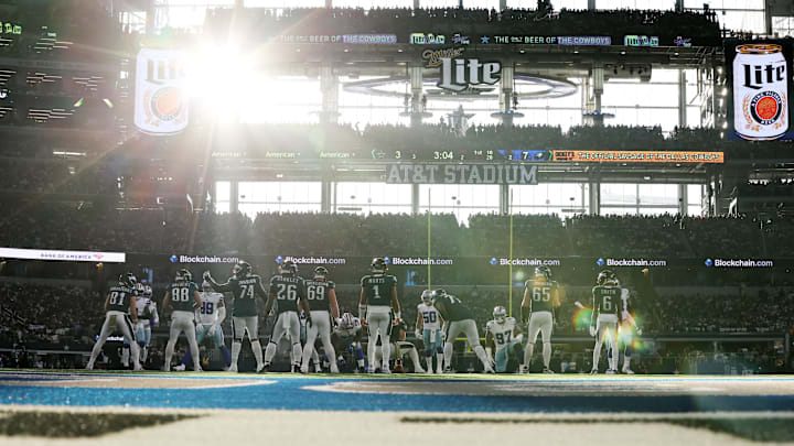 Philadelphia Eagles players line up for a play against the Dallas Cowboys.