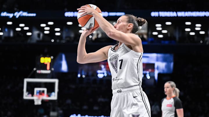 May 29, 2025; Brooklyn, New York, USA; Golden State Valkyries forward Stephanie Talbot (7) shoots the ball against the New York Liberty during the first half at Barclays Center. Mandatory Credit: John Jones-Imagn Images