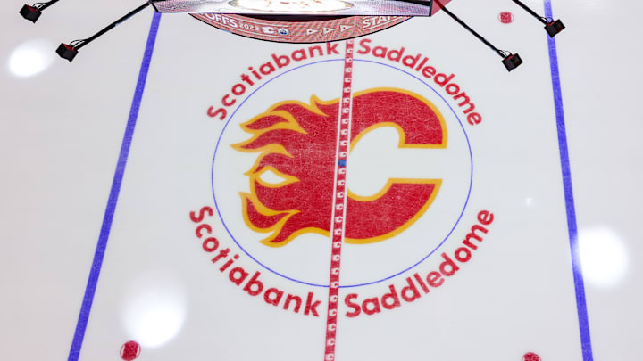 May 18, 2022; Calgary, Alberta, CAN; General view of the Calgary Flames logo on the ice prior to the game between the Calgary Flames and the Edmonton Oilers in game one of the second round of the 2022 Stanley Cup Playoffs at Scotiabank Saddledome. Mandatory Credit: Sergei Belski-Imagn Images