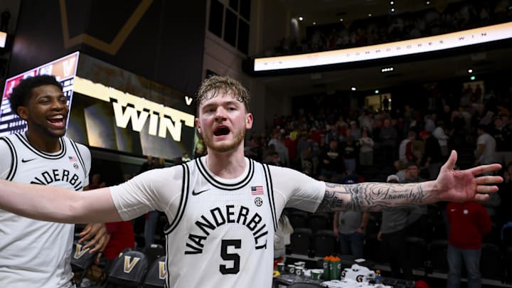 Jan 7, 2026; Nashville, Tennessee, USA;  Vanderbilt Commodores forward Tyler Nickel (5) yells to the crowd after the win against the Alabama Crimson Tide during the second half at Memorial Gymnasium. Mandatory Credit: Steve Roberts-Imagn Images