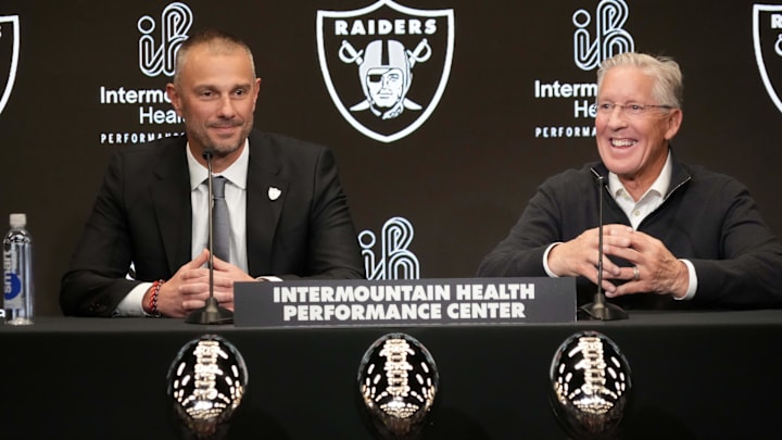 Jan 27, 2025; Las Vegas, NV, USA; Las Vegas Raiders general manager John Spytek (left) and coach Pete Carroll at press conference at Intermountain Health Performance Center. Mandatory Credit: Kirby Lee-Imagn Images Jan 27, 2025; Las Vegas, NV, USA; Las Vegas Raiders general manager John Spytek (left) and coach Pete Carroll at press conference at Intermountain Health Performance Center. Mandatory Credit: Kirby Lee-Imagn Images