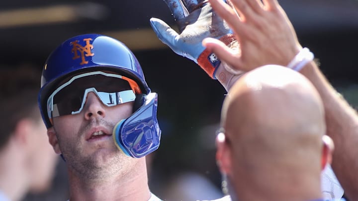 New York Mets first baseman Pete Alonso (20) is greeted in the dugout after scoring in the third inning against the Seattle Mariners at Citi Field in 2023. New York Mets first baseman Pete Alonso (20) is greeted in the dugout after scoring in the third inning against the Seattle Mariners at Citi Field in 2023.