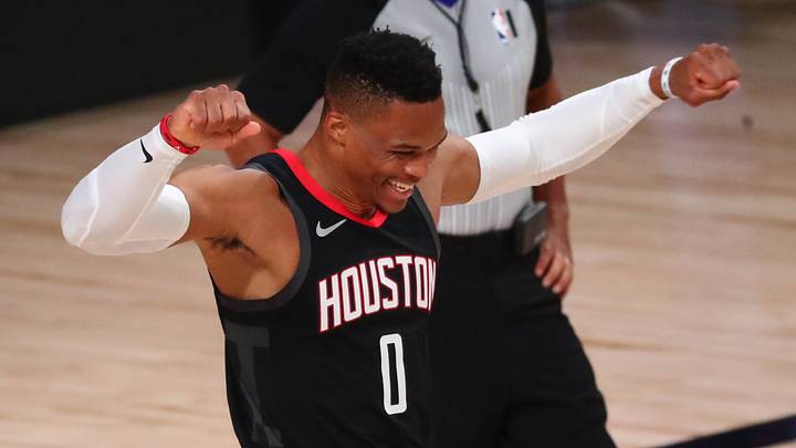 Sep 12, 2020; Lake Buena Vista, Florida, USA; Houston Rockets guard Russell Westbrook (0) prior to game five of the second round against the Los Angeles Lakers in the 2020 NBA Playoffs at ESPN Wide World of Sports Complex. Mandatory Credit: Kim Klement-USA TODAY Sports Sep 12, 2020; Lake Buena Vista, Florida, USA; Houston Rockets guard Russell Westbrook (0) prior to game five of the second round against the Los Angeles Lakers in the 2020 NBA Playoffs at ESPN Wide World of Sports Complex. Mandatory Credit: Kim Klement-USA TODAY Sports