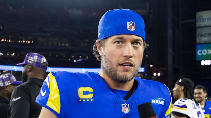 Jan 13, 2025; Glendale, AZ, USA; Los Angeles Rams quarterback Matthew Stafford (9) against the Minnesota Vikings during an NFC wild card game at State Farm Stadium. Mandatory Credit: Mark J. Rebilas-Imagn Images Jan 13, 2025; Glendale, AZ, USA; Los Angeles Rams quarterback Matthew Stafford (9) against the Minnesota Vikings during an NFC wild card game at State Farm Stadium. Mandatory Credit: Mark J. Rebilas-Imagn Images