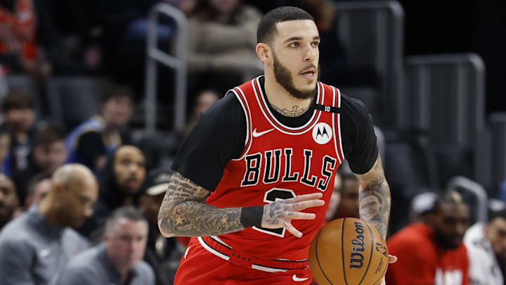 Feb 2, 2025; Detroit, Michigan, USA; Chicago Bulls guard Lonzo Ball (2) dribbles in the first half against the Detroit Pistons at Little Caesars Arena. Mandatory Credit: Rick Osentoski-Imagn Images