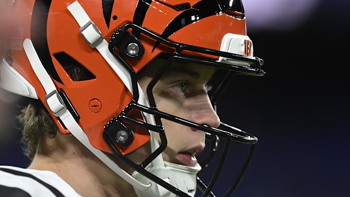 Nov 27, 2025; Baltimore, Maryland, USA; Cincinnati Bengals quarterback Joe Burrow (9) practices before the game at M&T Bank Stadium. Mandatory Credit: Tommy Gilligan-Imagn Images