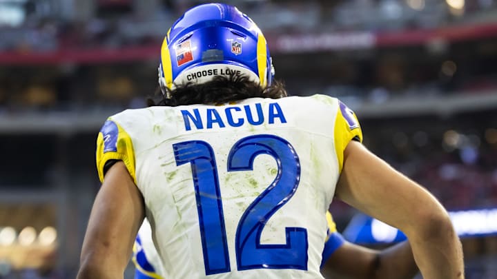 Dec 7, 2025; Glendale, Arizona, USA; Detailed view of the jersey of Los Angeles Rams wide receiver Puka Nacua (12) against the Arizona Cardinals at State Farm Stadium. Mandatory Credit: Mark J. Rebilas-Imagn Images