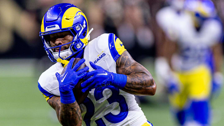 Dec 1, 2024; New Orleans, Louisiana, USA;  Los Angeles Rams running back Kyren Williams (23) during warms up against the New Orleans Saints at Caesars Superdome. Mandatory Credit: Stephen Lew-Imagn Images