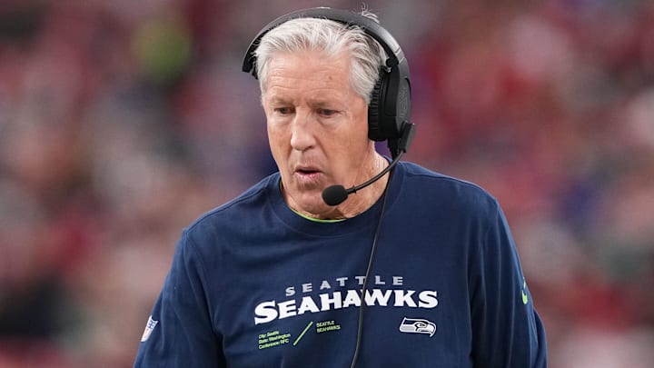 Jan 7, 2024; Glendale, Arizona, USA; Seattle Seahawks head coach Pete Carroll looks on against the Arizona Cardinals during the first half at State Farm Stadium. Mandatory Credit: Joe Camporeale-Imagn Images