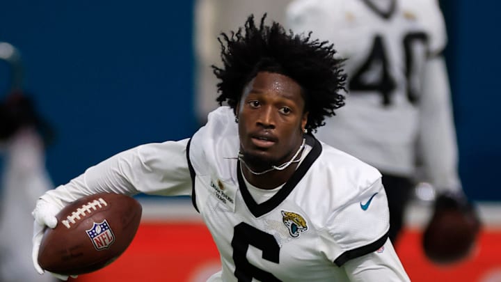 Jacksonville Jaguars safety Darnell Savage (6) runs the ball during the second day of a mandatory minicamp Tuesday, June 11, 2024 at EverBank Stadium’s Miller Electric Center in Jacksonville, Fla. [Corey Perrine/Florida Times-Union]